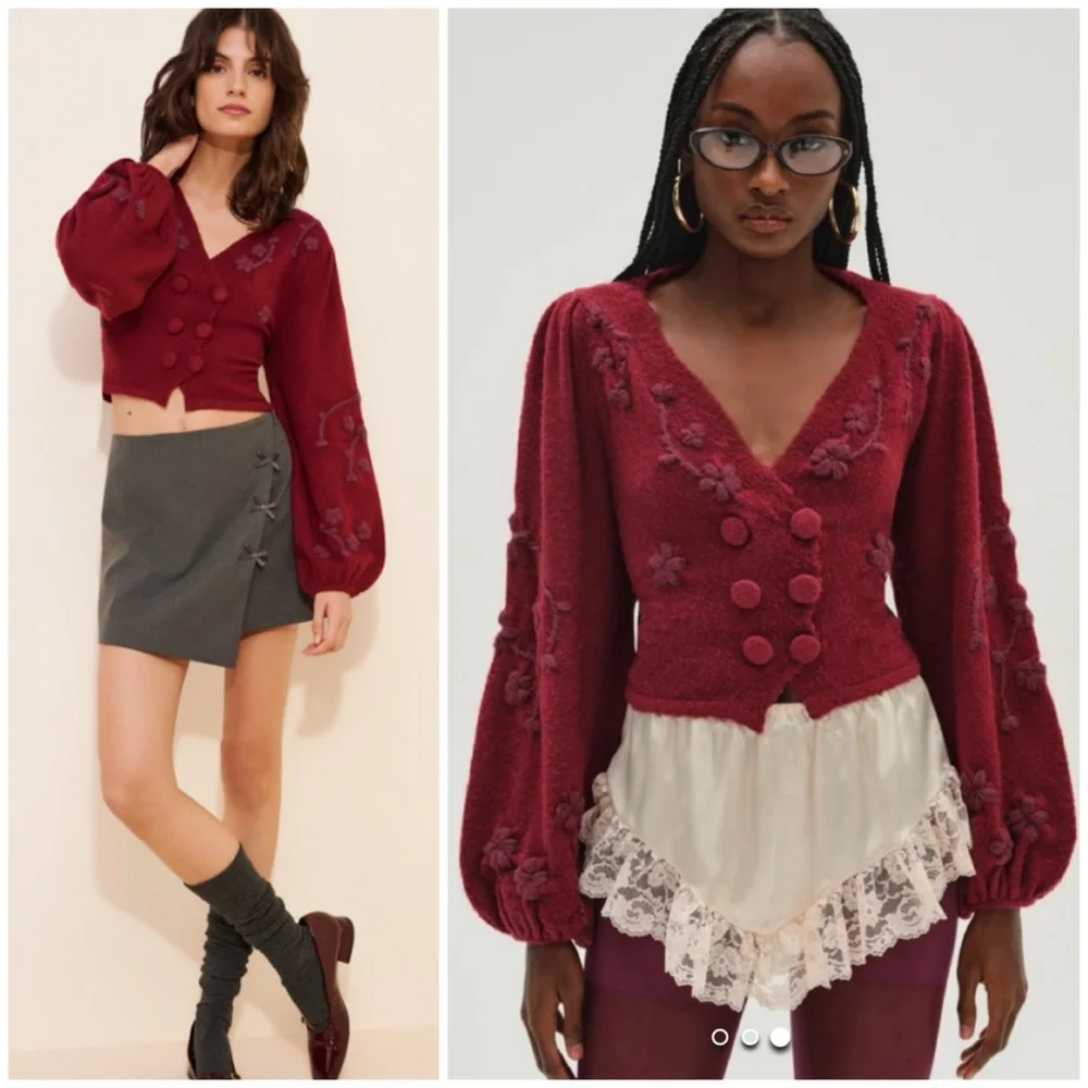 NWT For Love And Lemons Adalyn Red Floral Crop Cardigan Sweater SZ XL - Picture 1 of 11